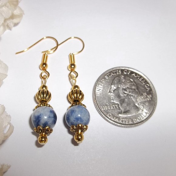 Blue Gold Earring Set Lapis Lazuli Beaded Fashion Jewelry Accessory Dangle 6333 - Picture 2 of 8